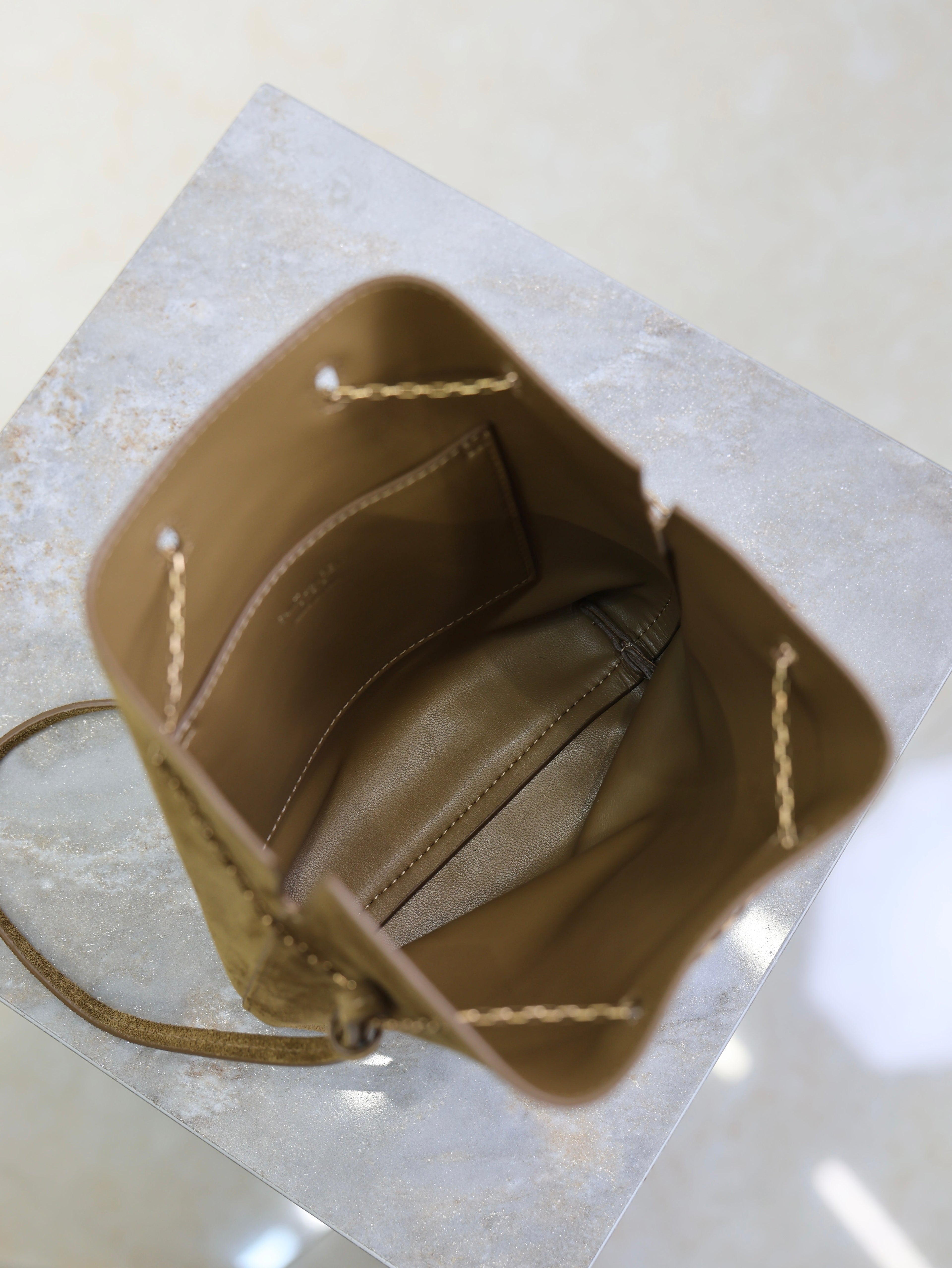 YSL 25S POCHON BAG 24 IN CARAMEL COGNAC SUEDE GOLD HARDWARE