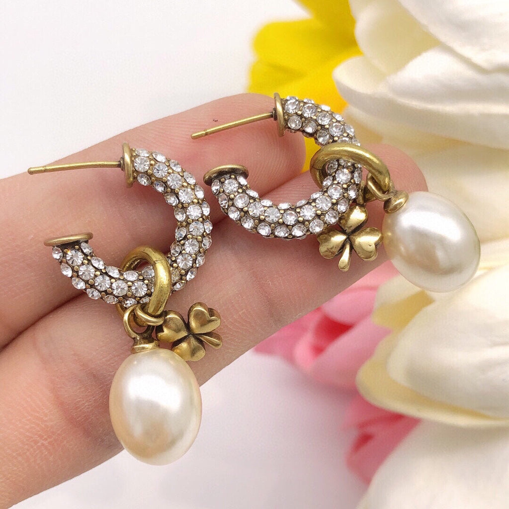 18K Dior March Grass Pearl Crystals Earrings