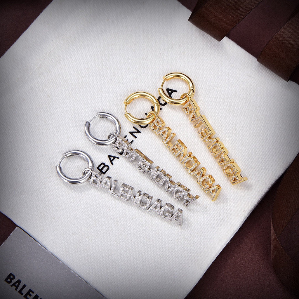 18K Balenciaga Typo Mirror Hoop Crystals Earrings