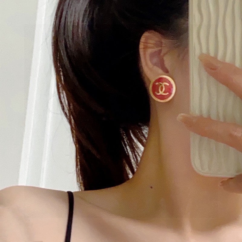 18K  Chanel Red Round Earrings
