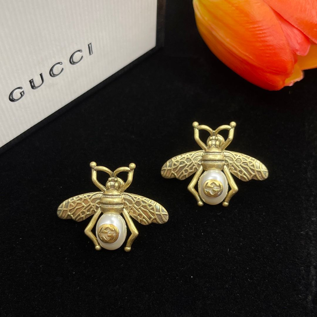 18K Double Gucci Bee Pearl Earrings