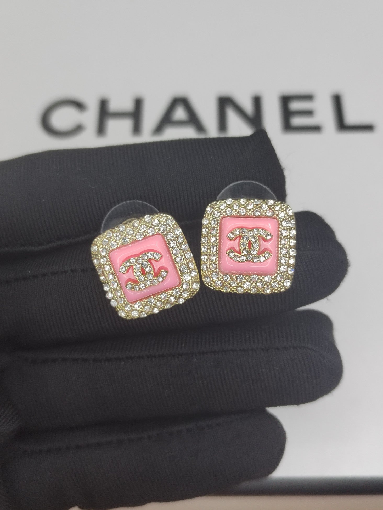 18K  Chanel Diamond Square Pink Earrings