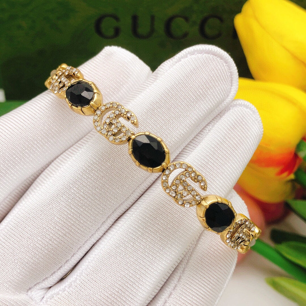 18K Double Gucci Flowers Black Crystals Open Cuff Bracelet