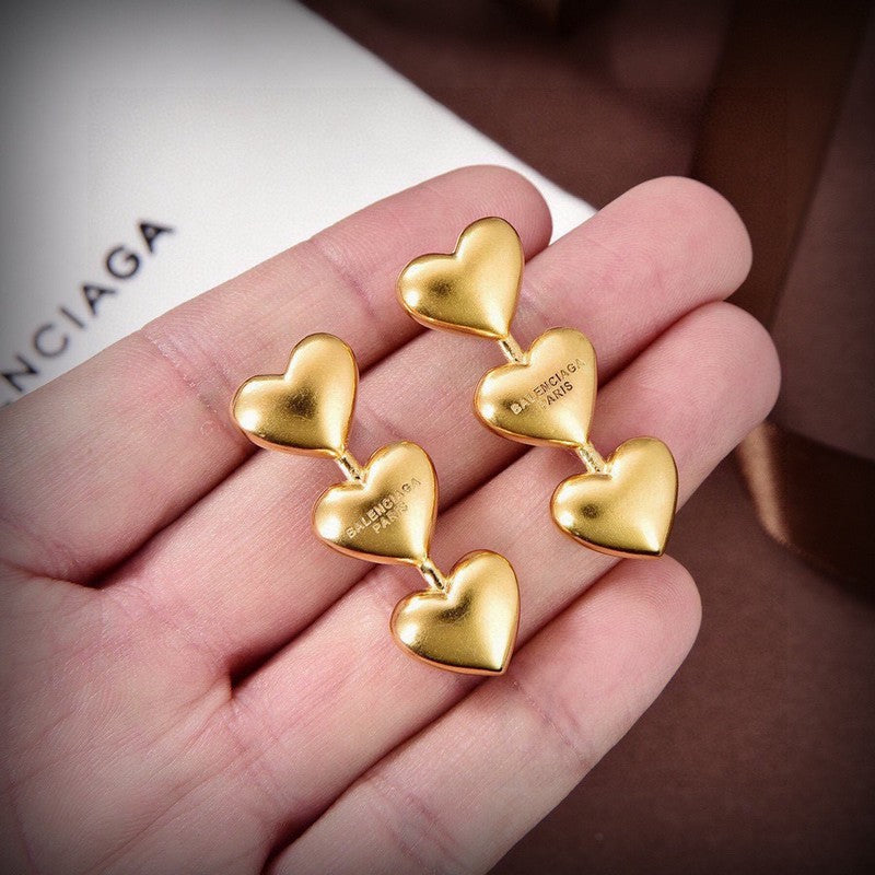 18K Balenciaga Three Heart Gold Earrings