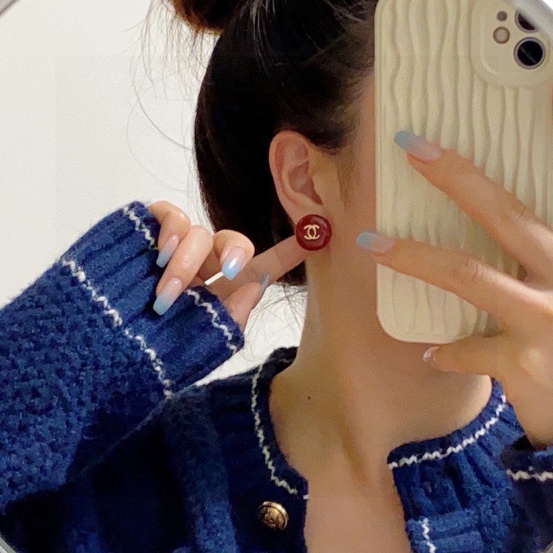18K  Chanel Wine Red Round Earrings