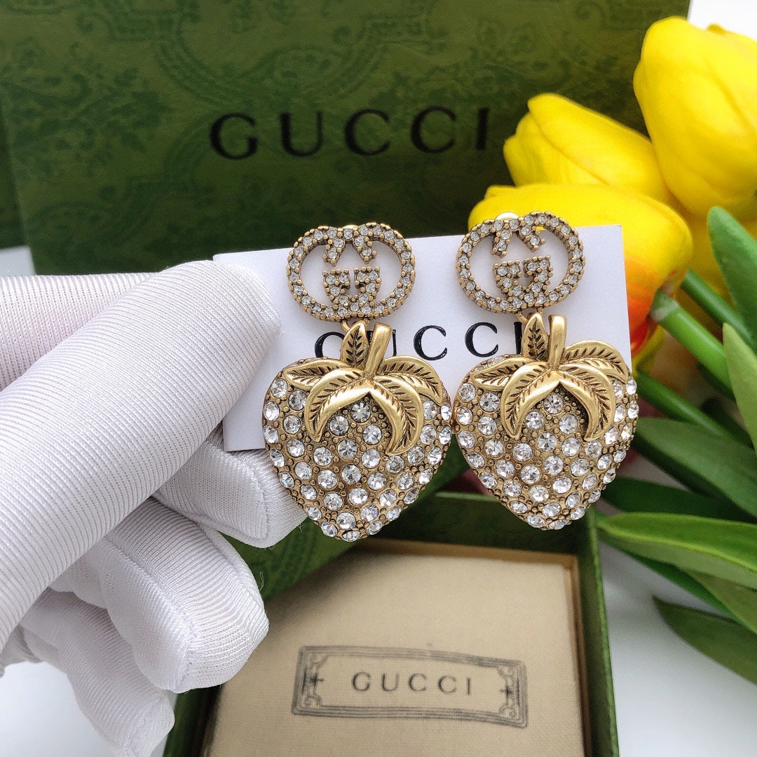 18K Double Gucci Crystal Strawberry Pendant Earrings