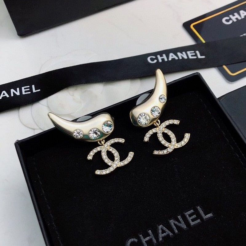 18K  Chanel Feather Diamond Gold Earrings
