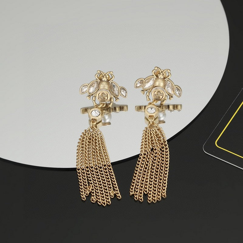18K Double Gucci Bee Tassel Crystal Earrings