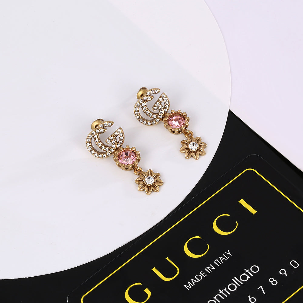 18K Double Gucci Flower Crystal Earrings