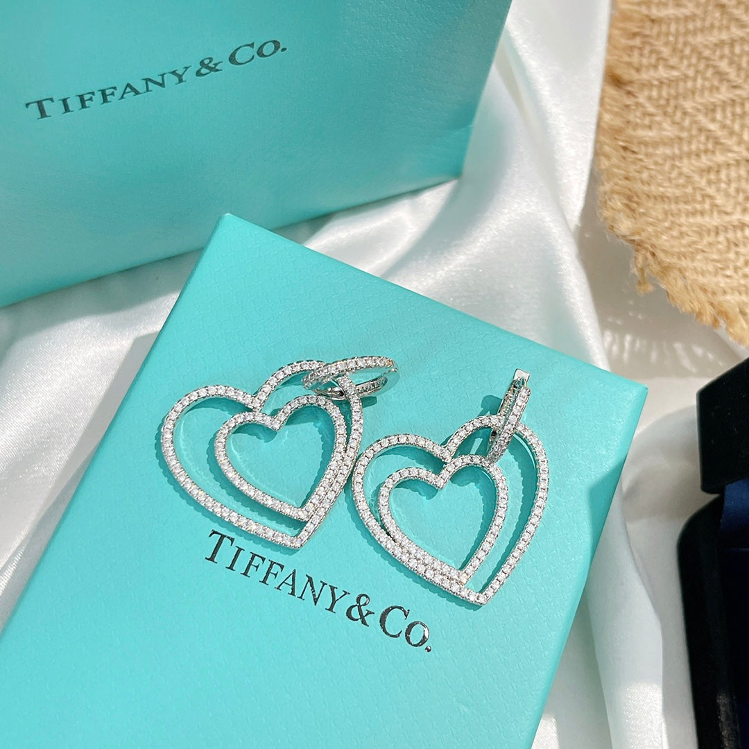 18K Tiffany Double Heart Diamond Earrings