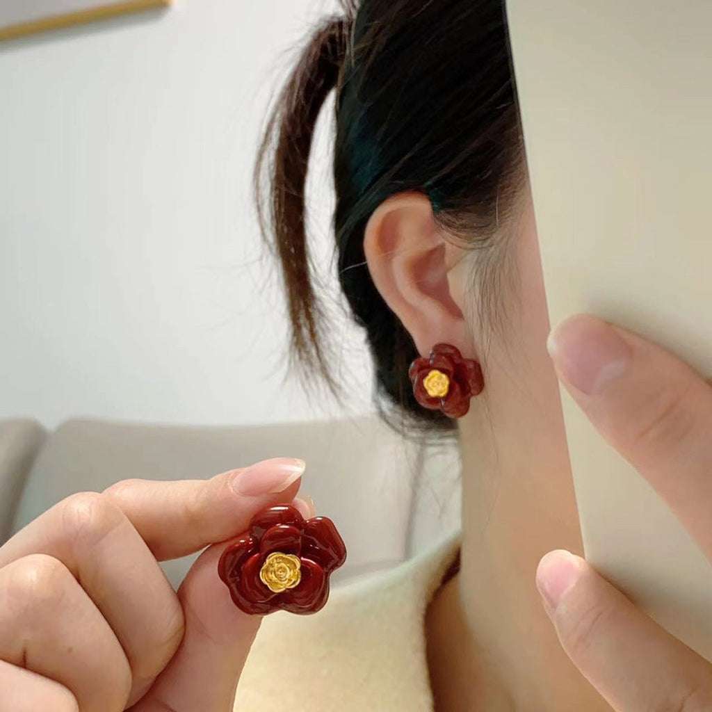 18K  Chanel Red Camellia Resin Earrings