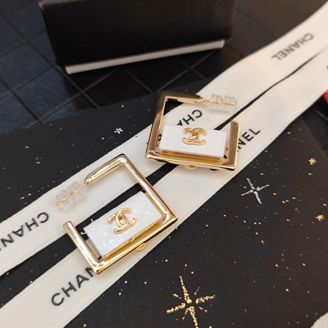 18K  Chanel White Bag Hoop Earrings
