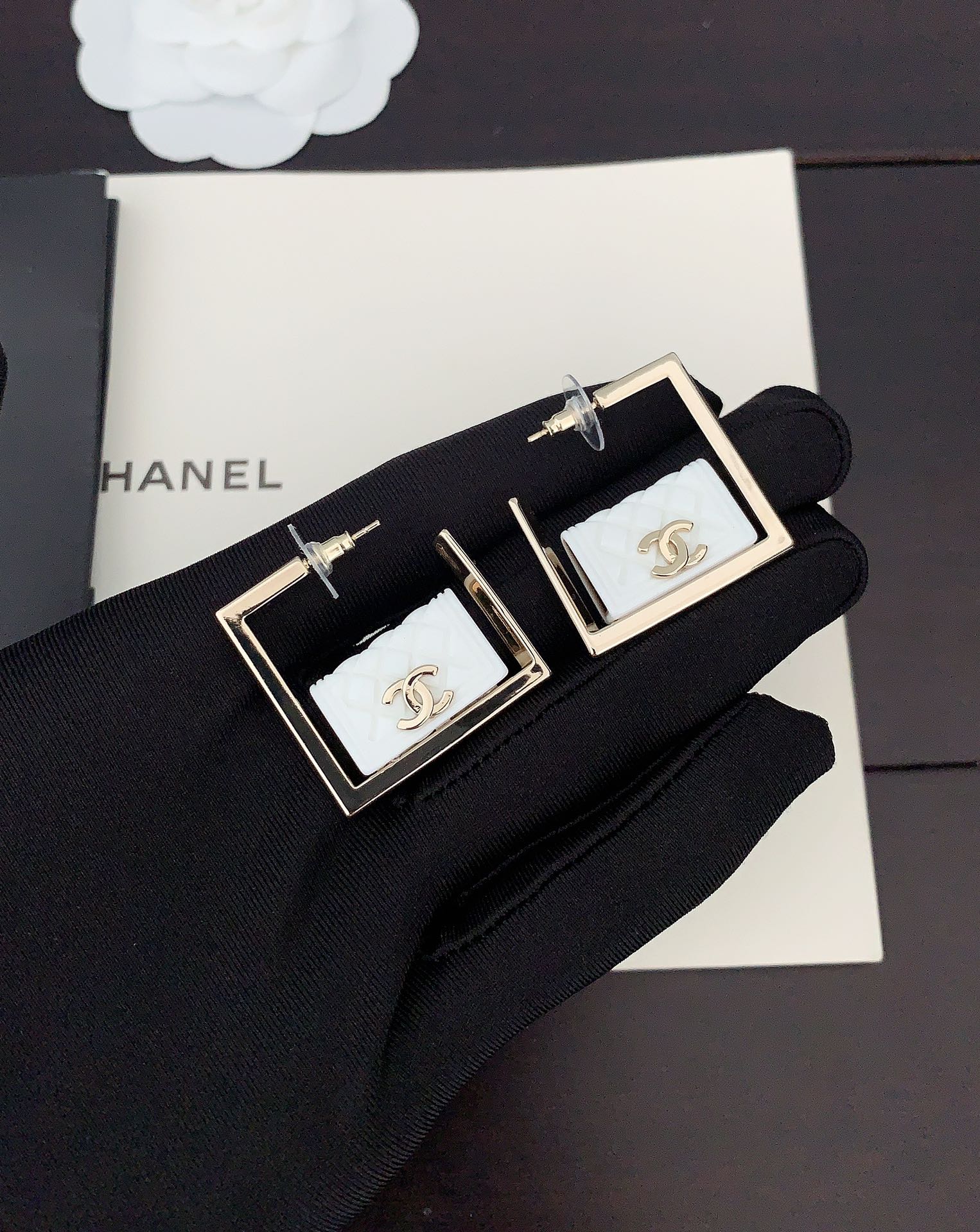 18K  Chanel White Bag Pendant Earrings