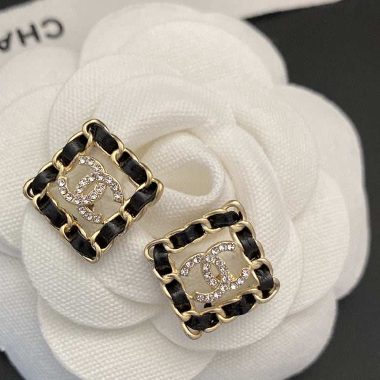 18K  Chanel Square Leather Earrings