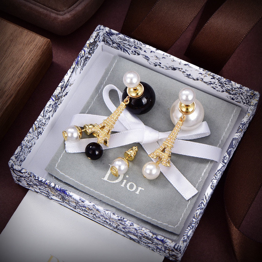 18K Dior Tribales Eiffel Tower Charm Black Pearls Earrings