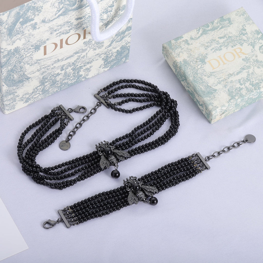18K Dior Bee Black Pearls Chain Necklace