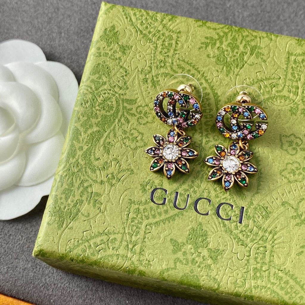 18K Double Gucci Flower Pendant Earrings