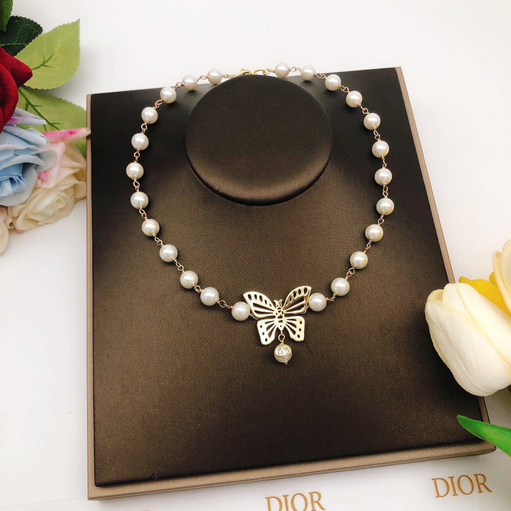 18K Dior Butterfly Pearl Chain Necklace