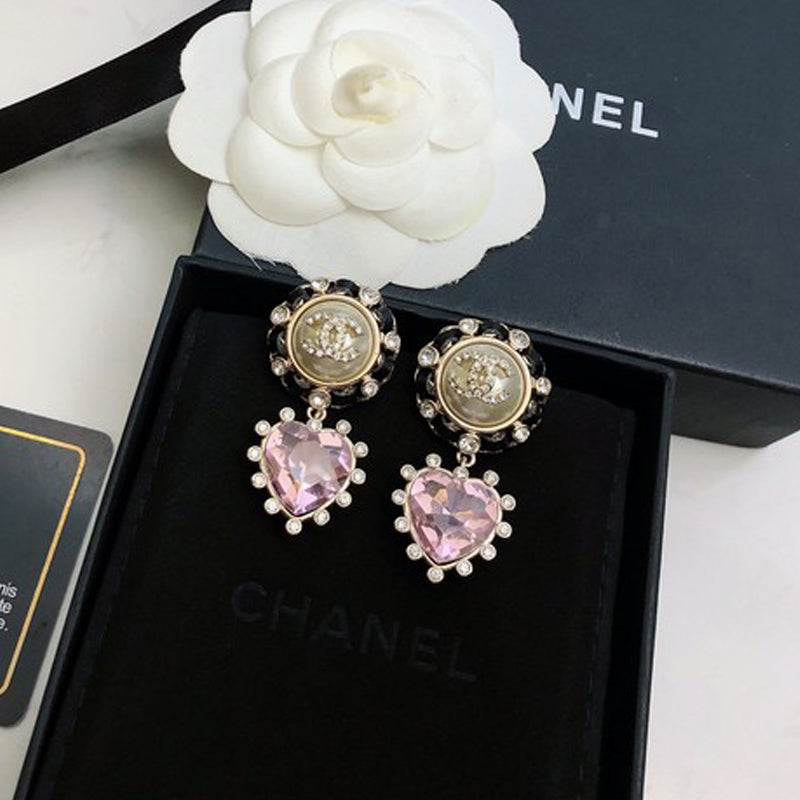18K  Chanel Heart Pink Crystal Earrings