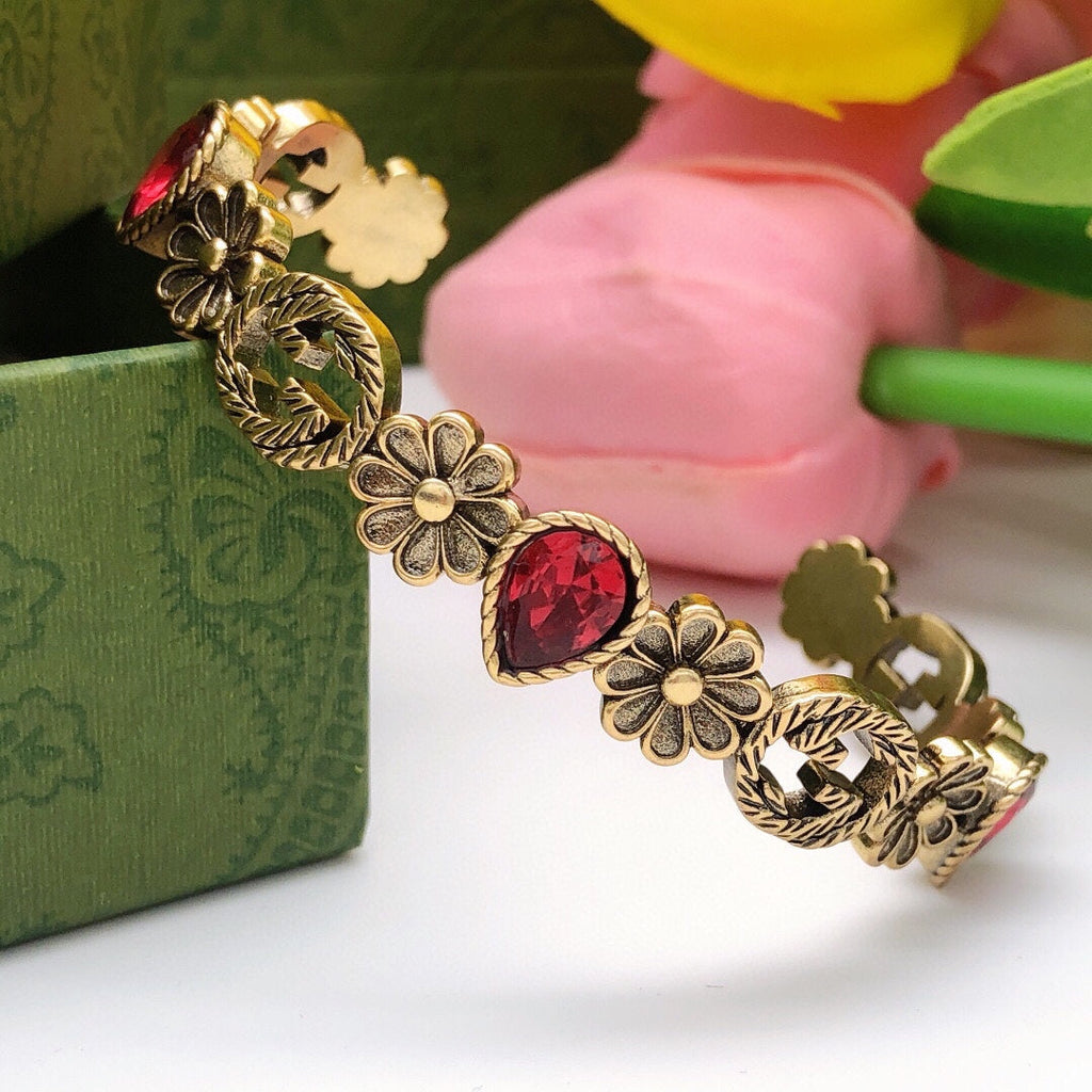 18K Double Gucci Flowers Red Crystals Open Cuff Bracelet