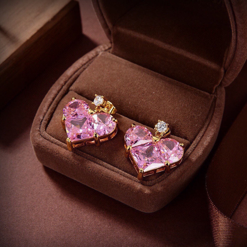 18K Celine Pink Crystal Heart Earrings