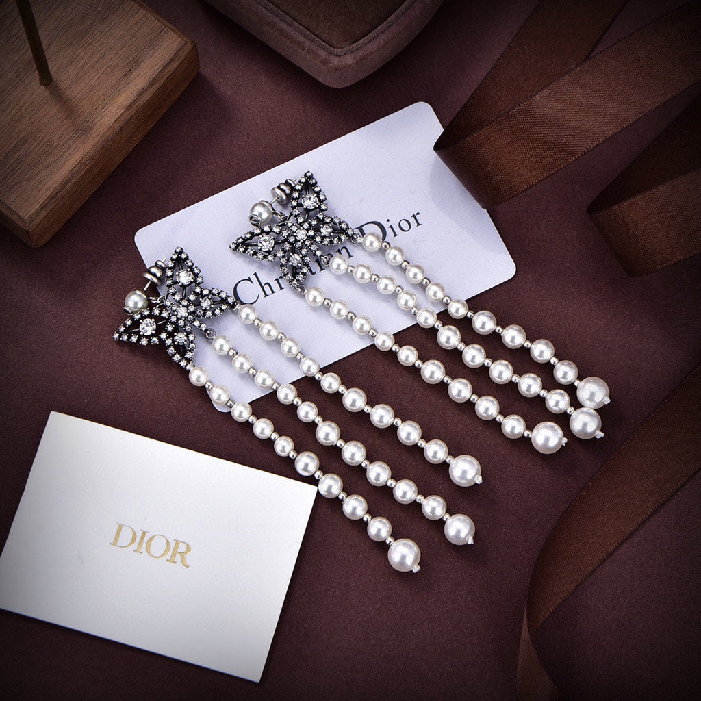 18K Dior Pearls Tassel Long Earrings