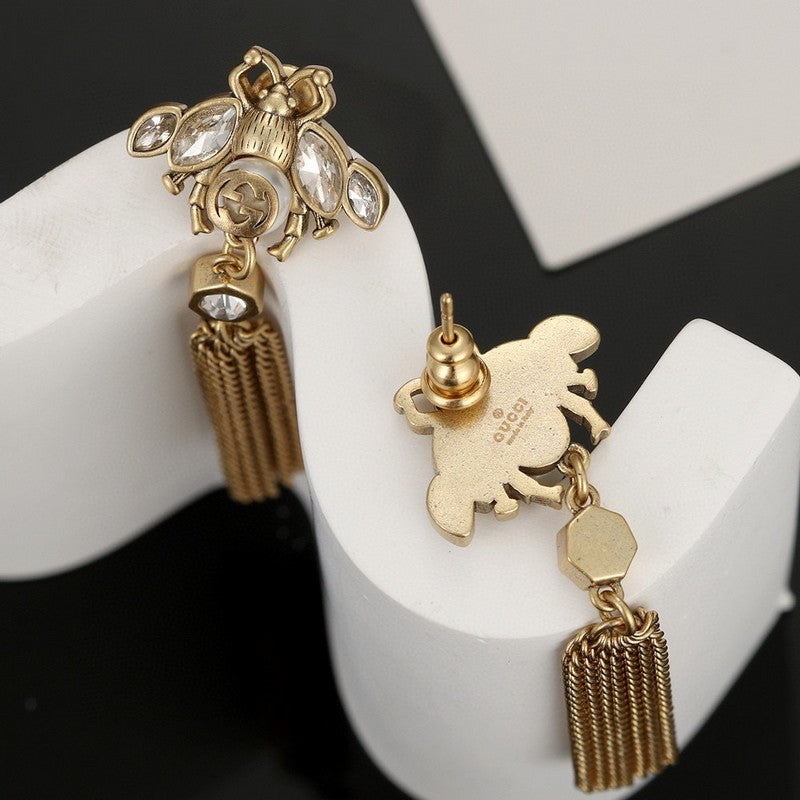 18K Double Gucci Bee Tassel Crystal Earrings