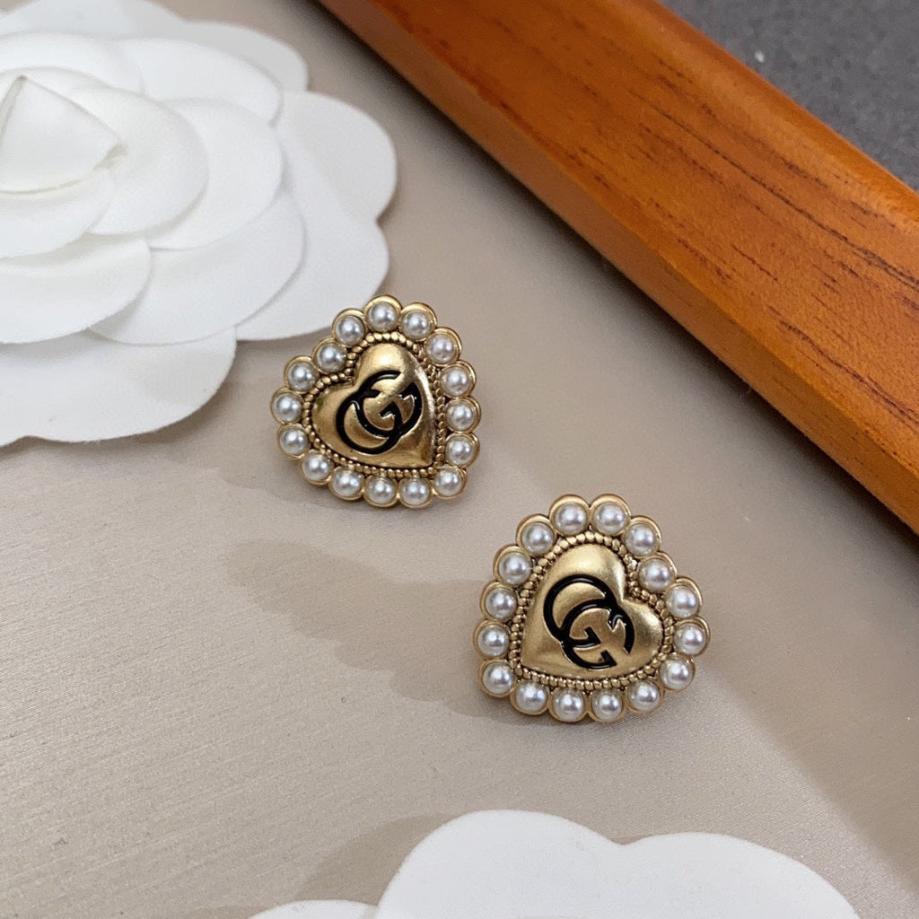 18K Double Gucci Heart Pearl Earrings