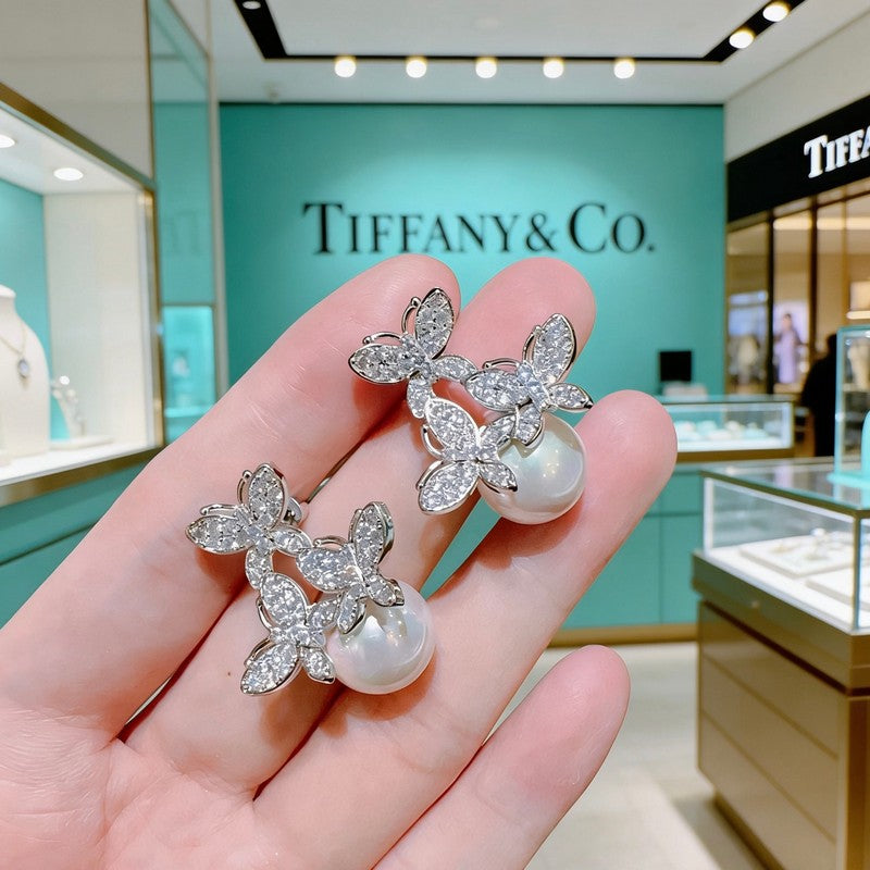 18K Tiffany Diamond Pearl Earrings