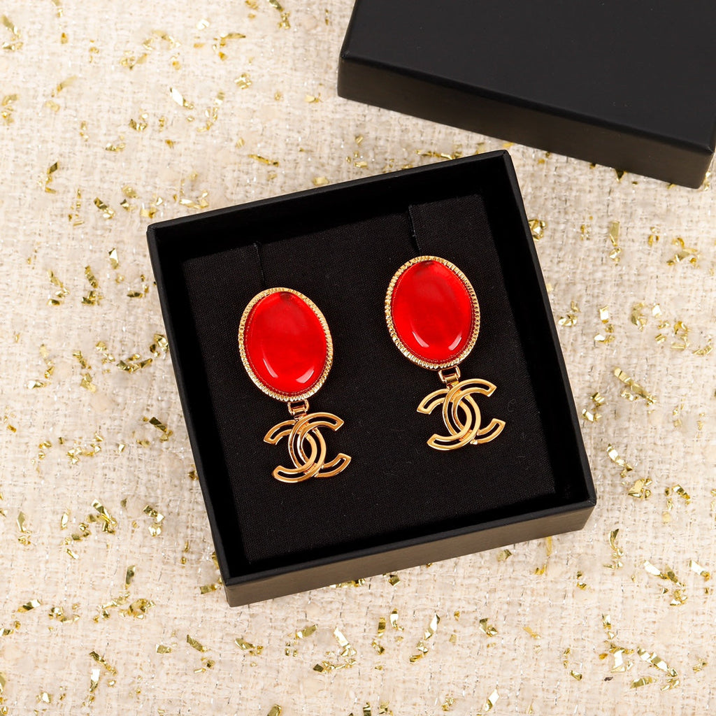 18K  Chanel Red Crystal Pendant Earrings
