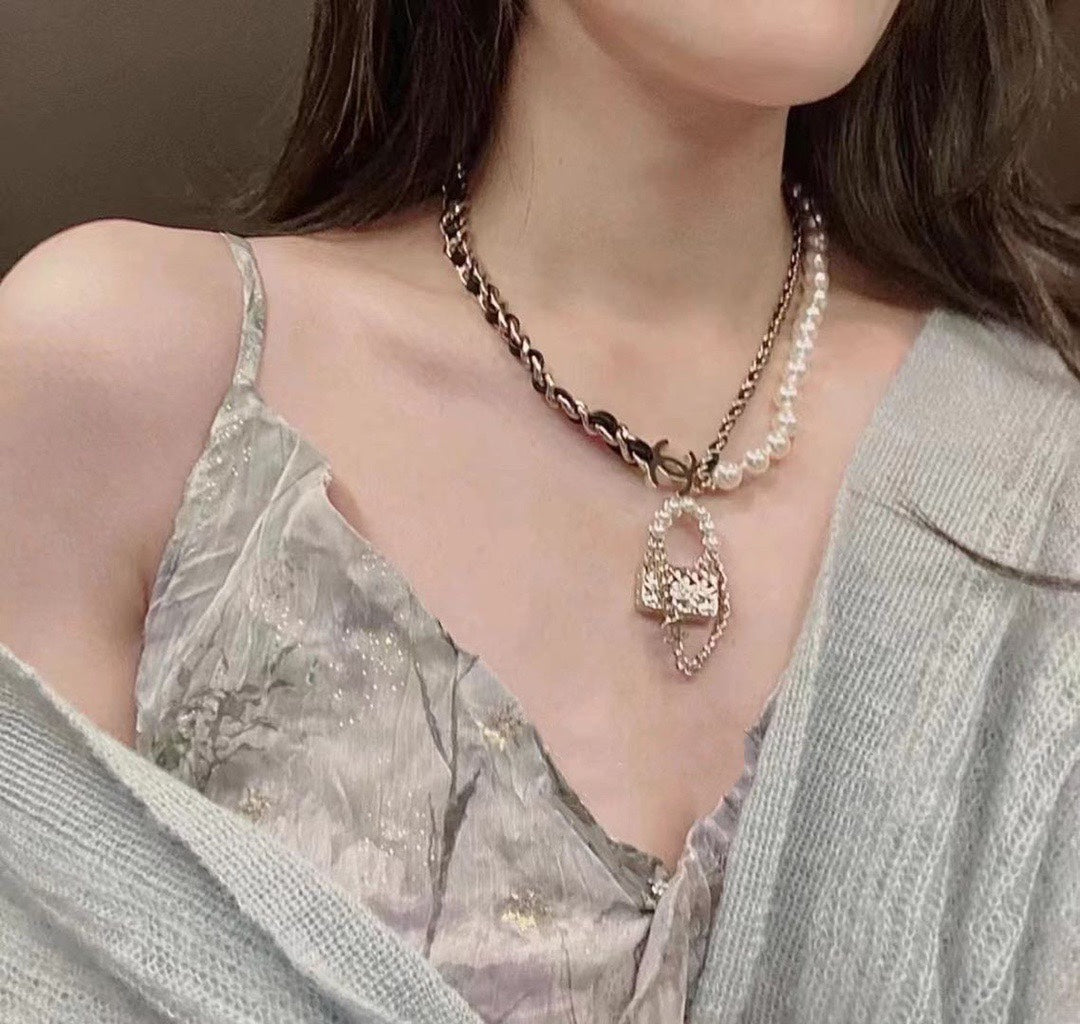 18K  Chanel Pearl Bag Pendant Necklace