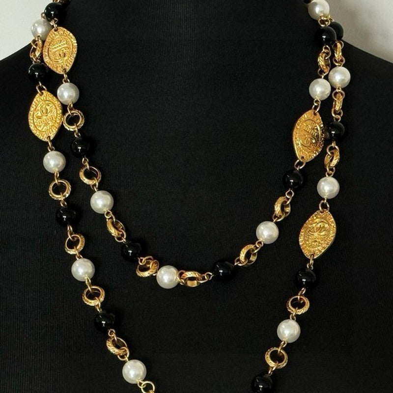 18K  Chanel Long Black & White Pearls Necklace