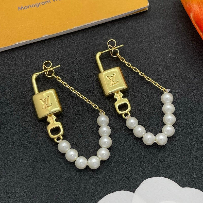18K Louis Vuitton Pearl Lock Gold Earrings