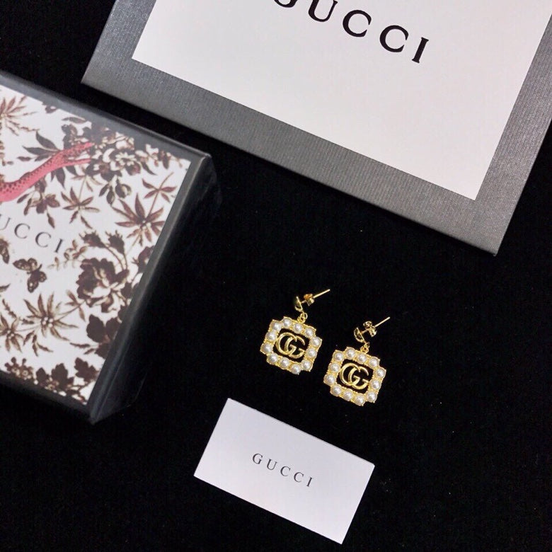 18K Double Gucci Square Pearl Earrings