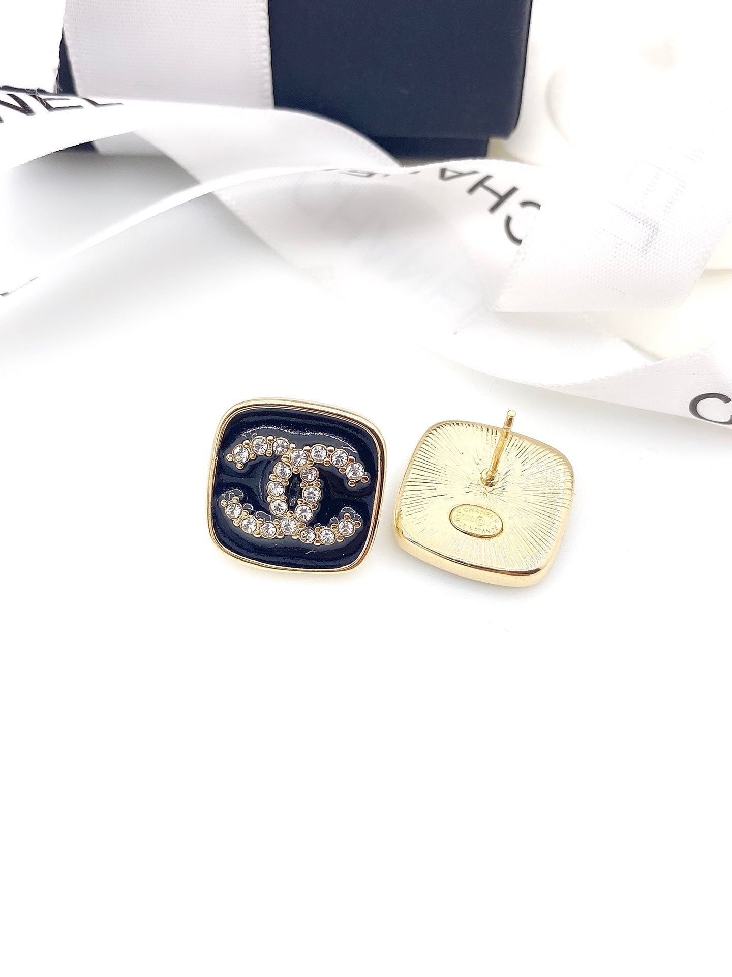 18K  Chanel Square Resin Diamond Earrings