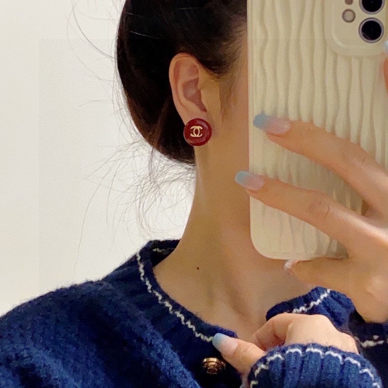 18K  Chanel Wine Red Round Earrings