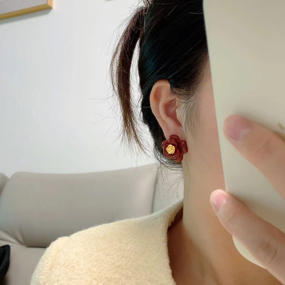 18K  Chanel Red Camellia Resin Earrings