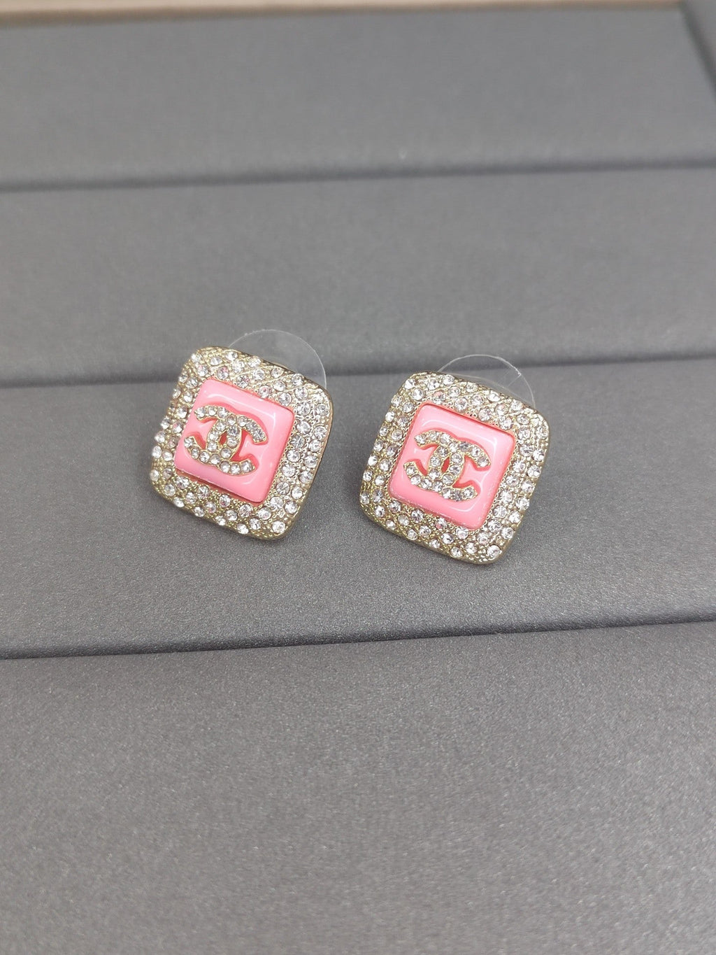 18K  Chanel Diamond Square Pink Earrings