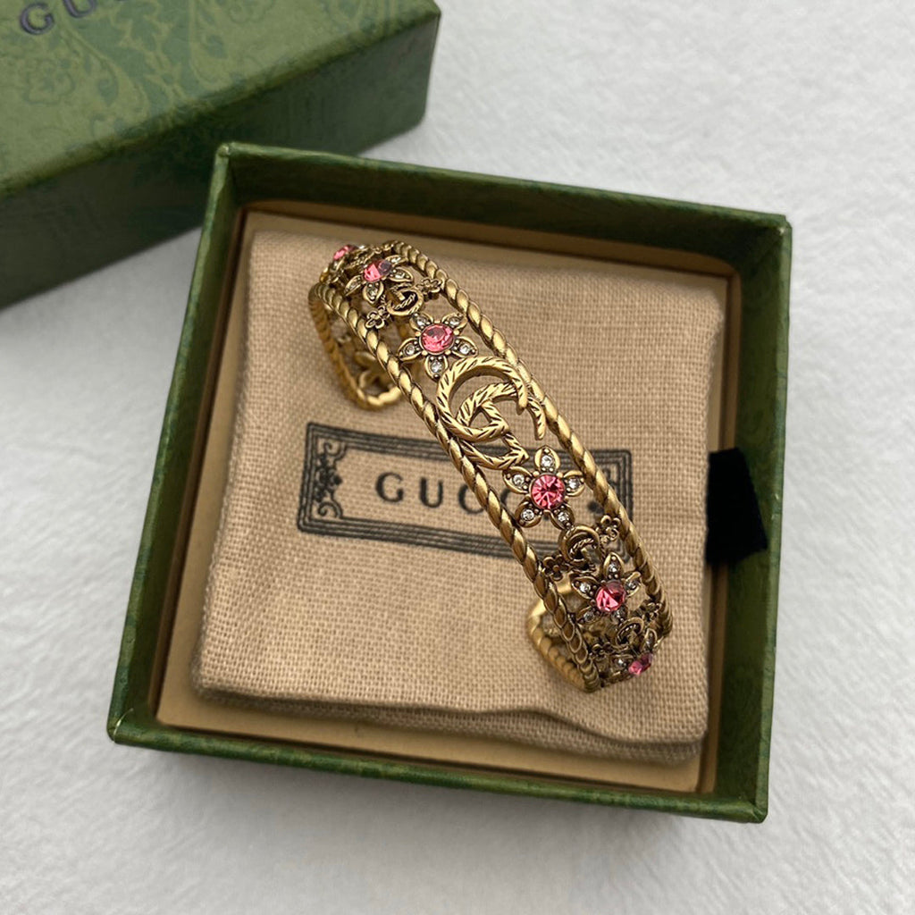 18K Double Gucci Red Crystal Flower Cuff Bracelet