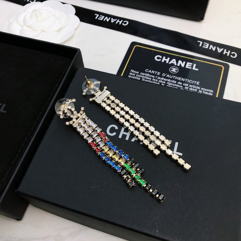18K  Chanel Long Tassel Color Crystal Earrings