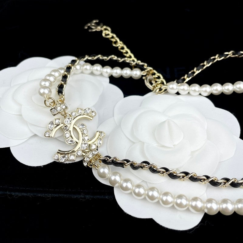18K  Chanel Pearl Chain Leather Necklace