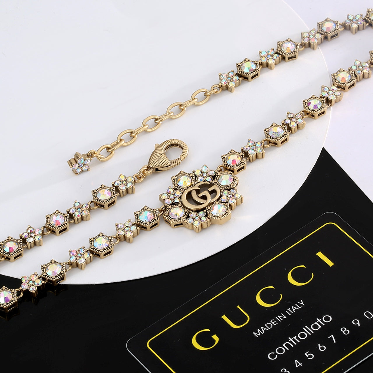 18K Double Gucci Crystals Chain Choker Necklace