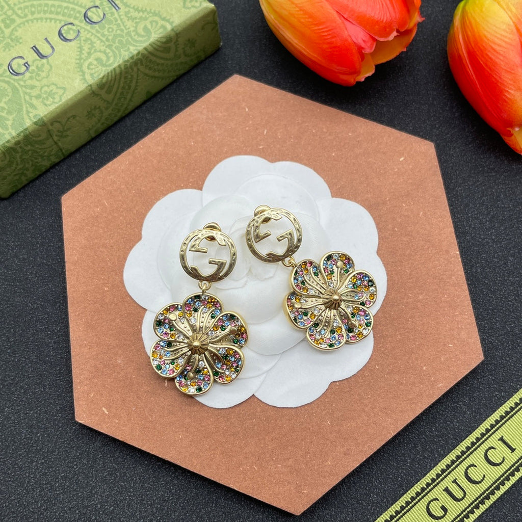 18K Double Gucci Color Crystals Flower Earrings