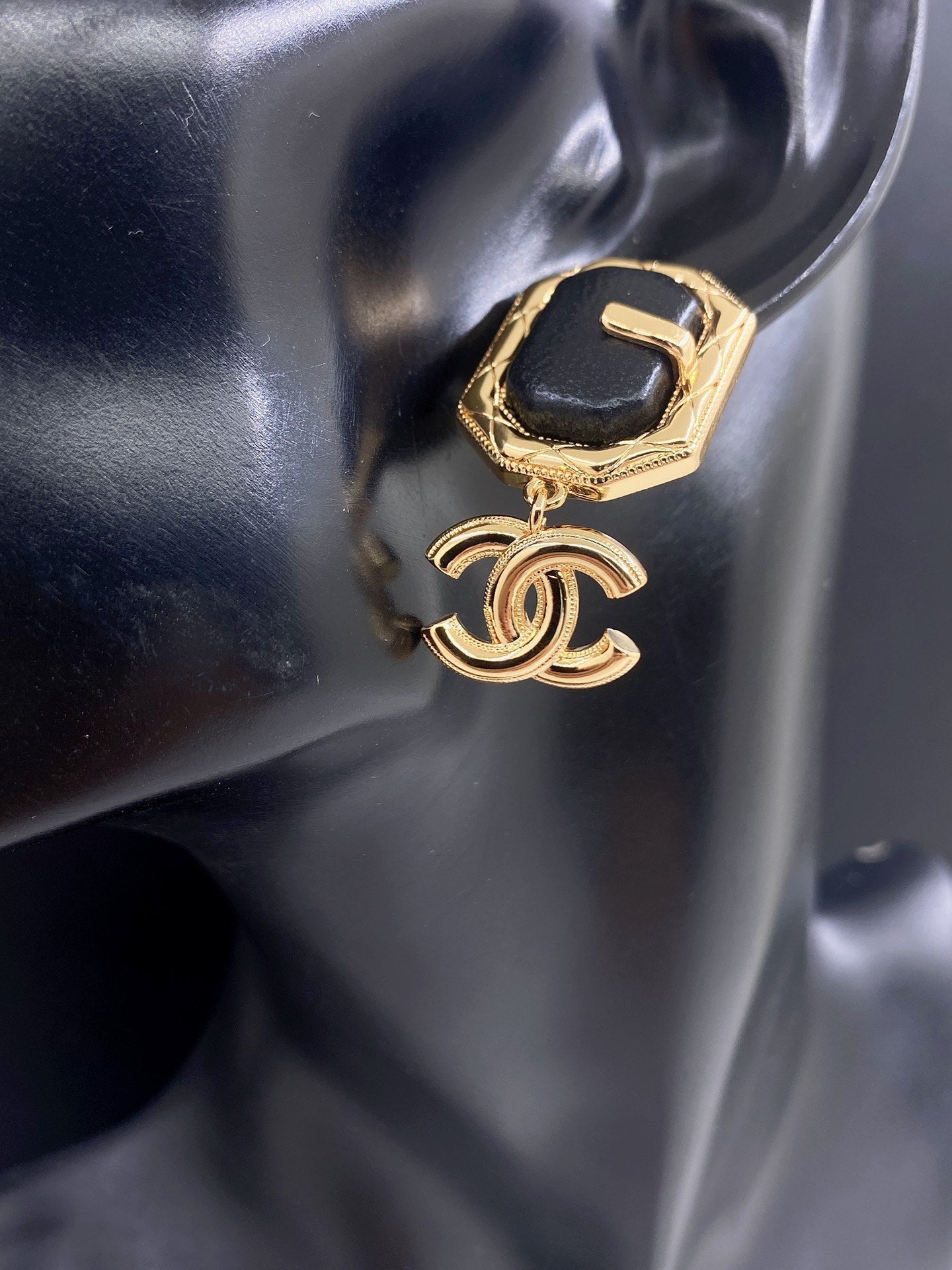 18K  Chanel Pendant Leather Earrings