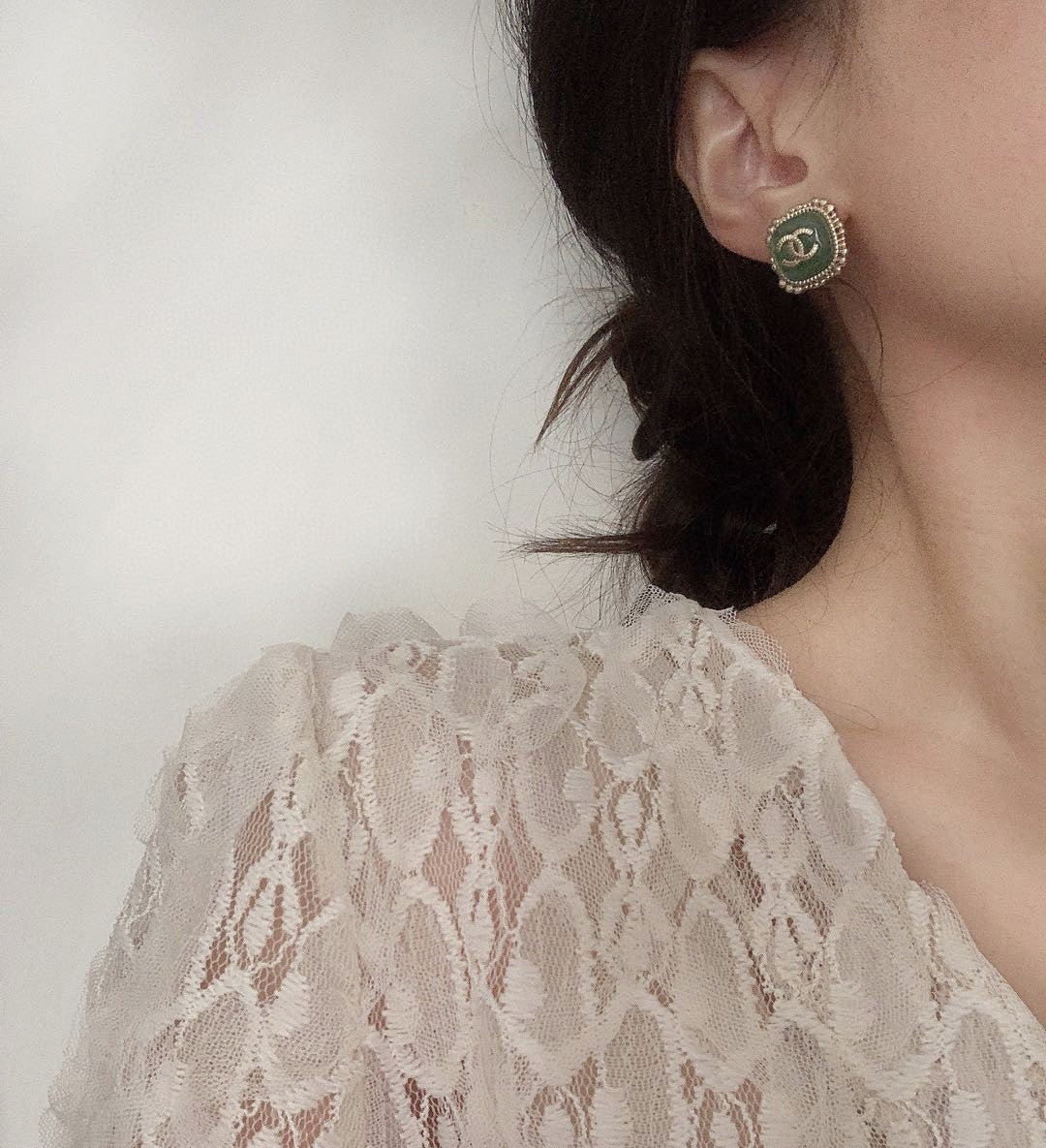 18K  Chanel Green Square Earrings