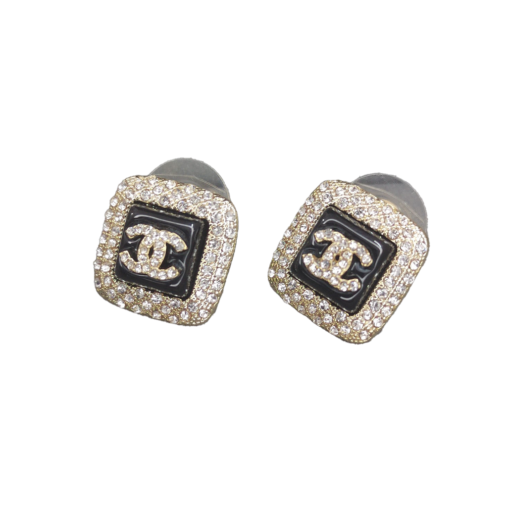 18K  Chanel Diamond Square Black Earrings
