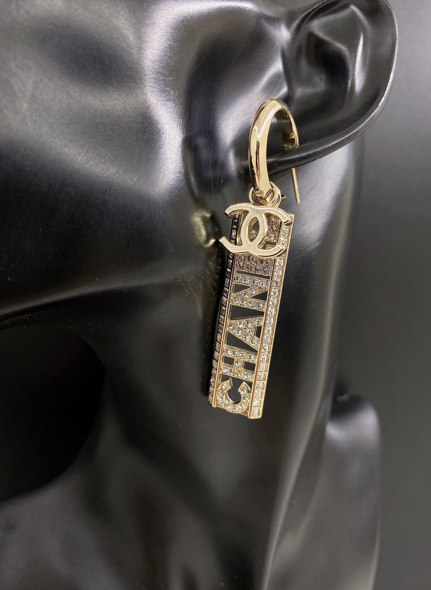 18K  Chanel Crystals Long Letter Earrings