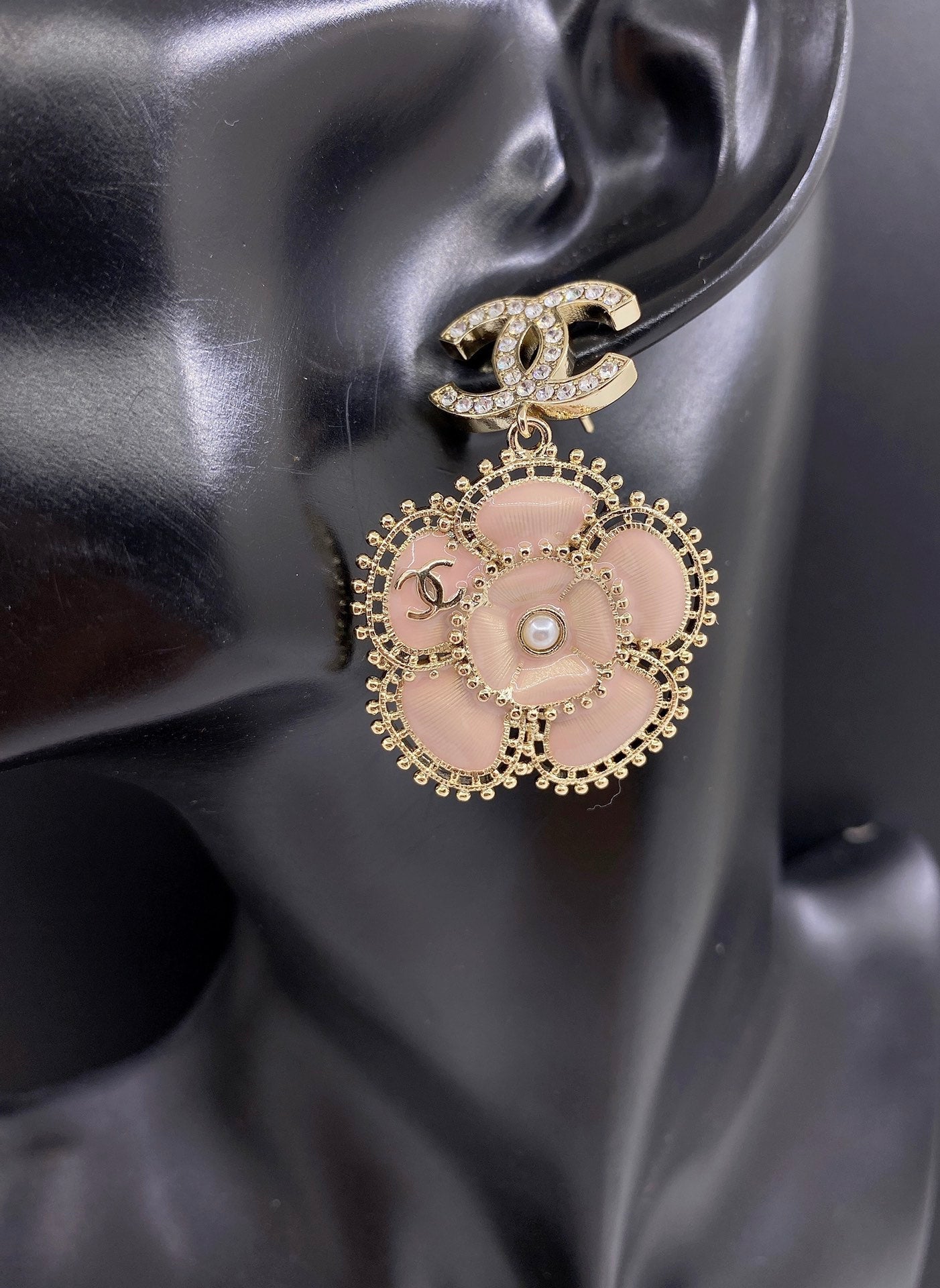 18K  Chanel Pink Flower Earrings