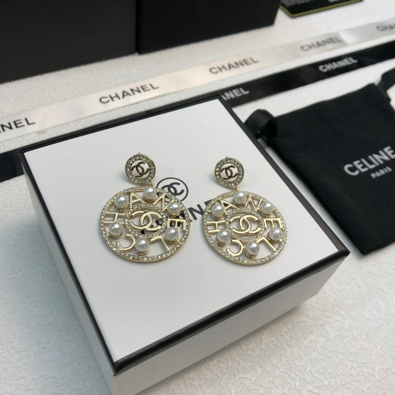 18K  Chanel Circle Pearl Pendant Earrings