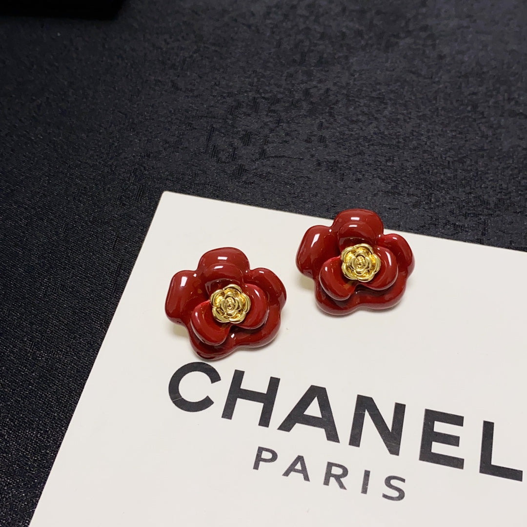 18K  Chanel Red Camellia Resin Earrings